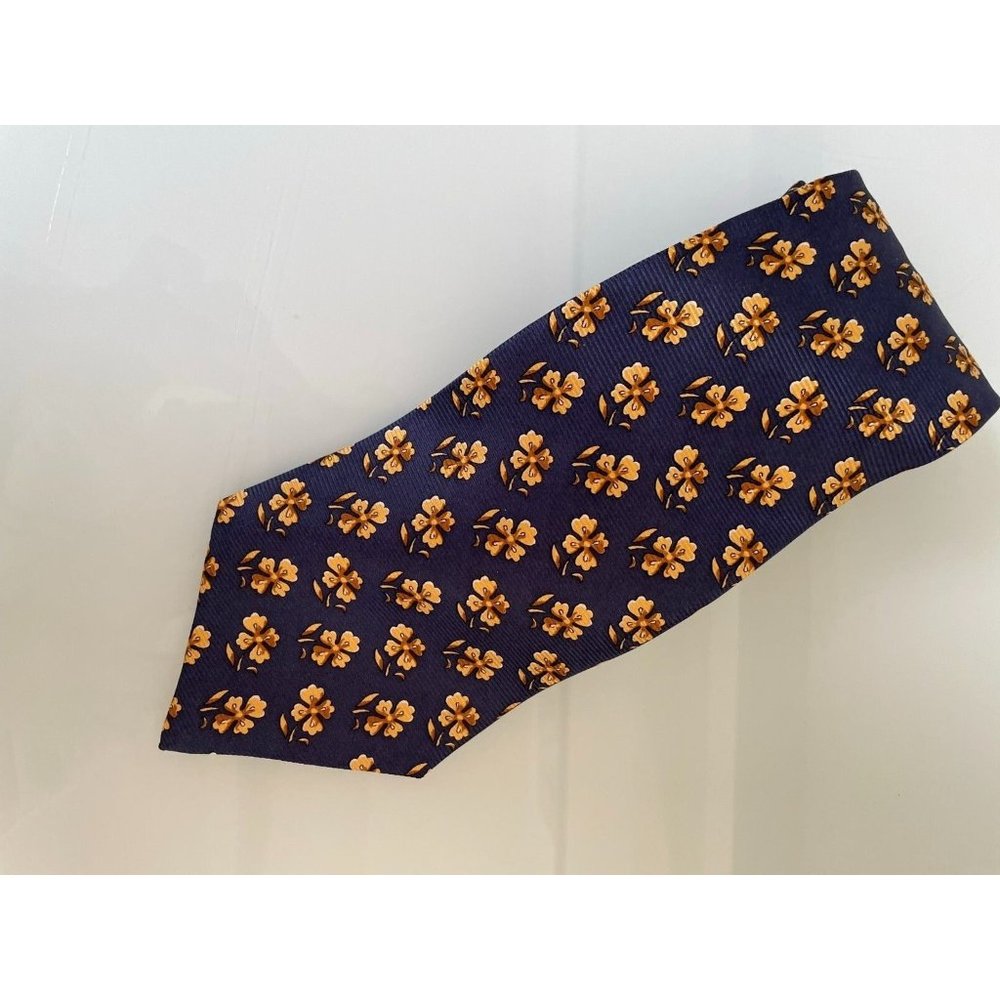 CELINE PARIS Blue Printed Silk Necktie Tie flower design